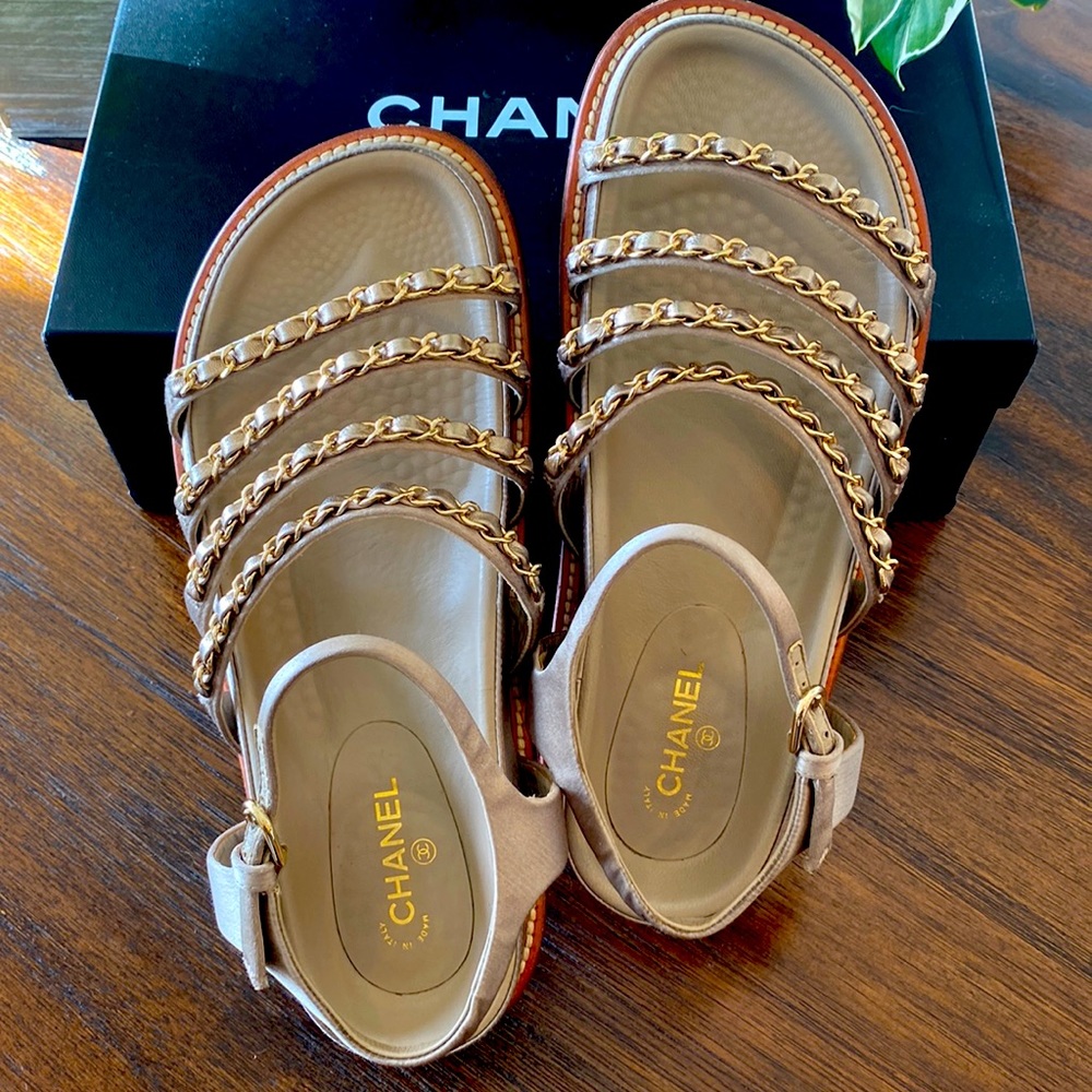 CHANEL champagne gold satin fabric chain sandals 37